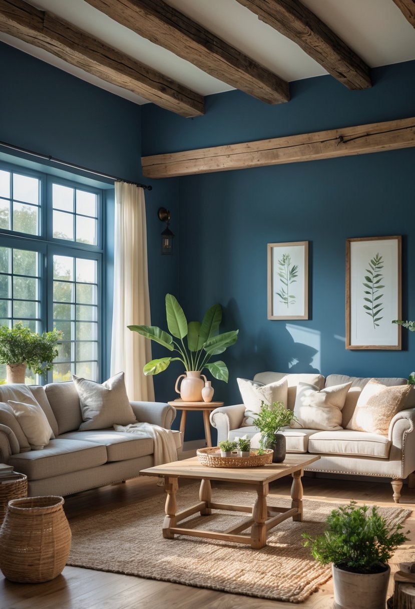 A cozy farmhouse living room with deep blue walls, wooden beams, a sofa, coffee table, plants, and natural light coming through large windows.