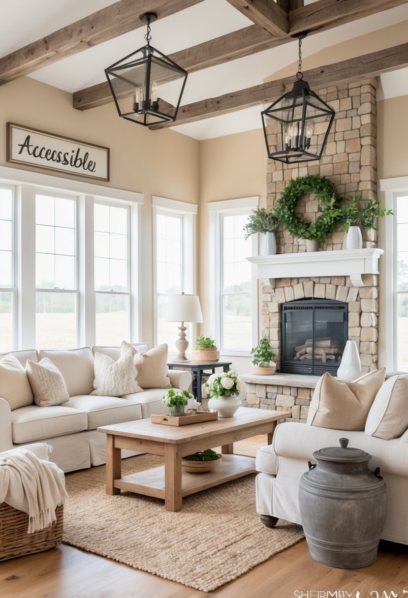 A bright living room with beige walls, wooden beams, a stone fireplace, comfortable sofa, wooden coffee table, and large windows letting in natural light.
