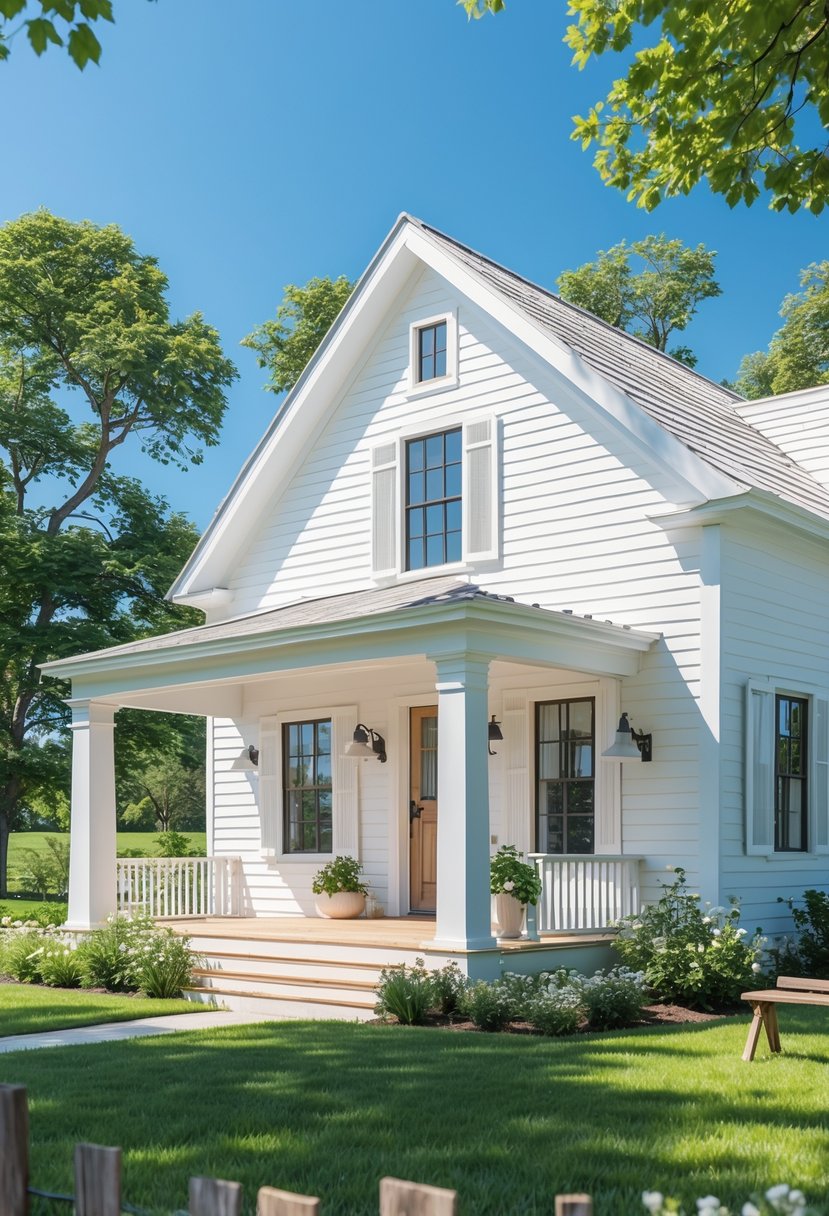Exterior view of a white farmhouse with a porch, windows, and green grass under a clear blue sky.