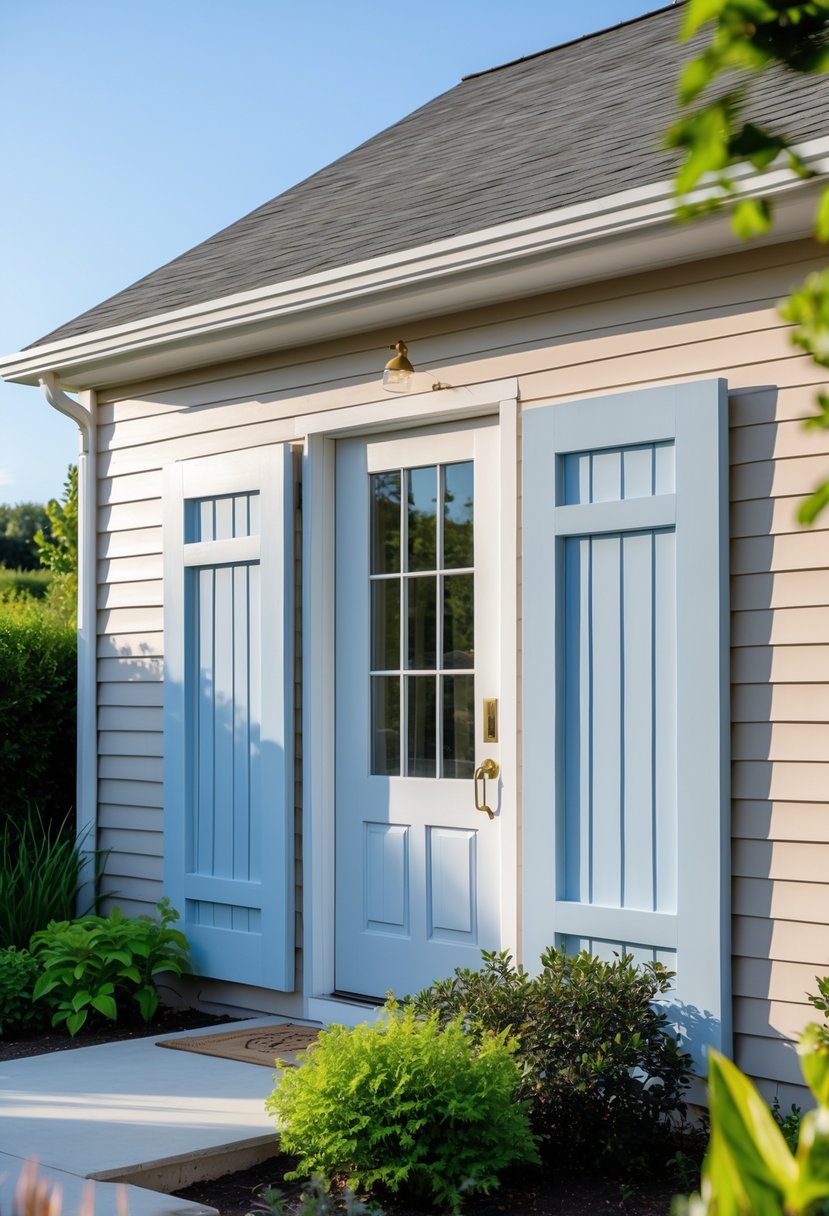 Exterior view of a farmhouse with soft blue shutters and a neutral-colored facade surrounded by green plants.
