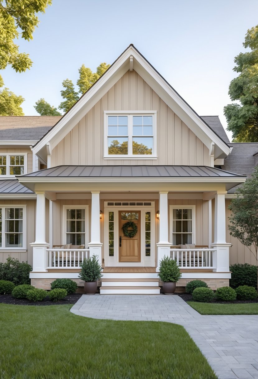 A farmhouse exterior painted in warm beige and taupe colors with a front porch and surrounding green landscaping on a clear day.