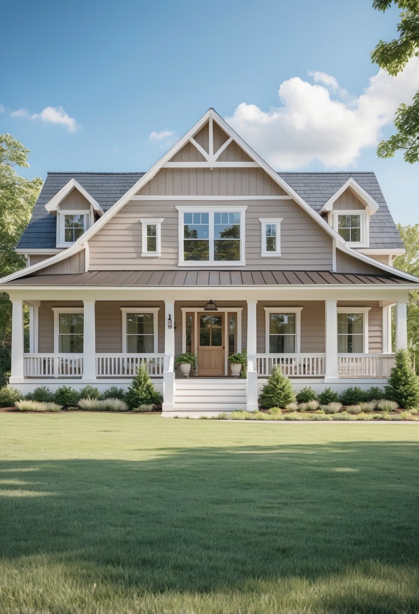 A farmhouse exterior painted in several earthy greige shades with a front porch, surrounded by green grass and plants under a clear sky.