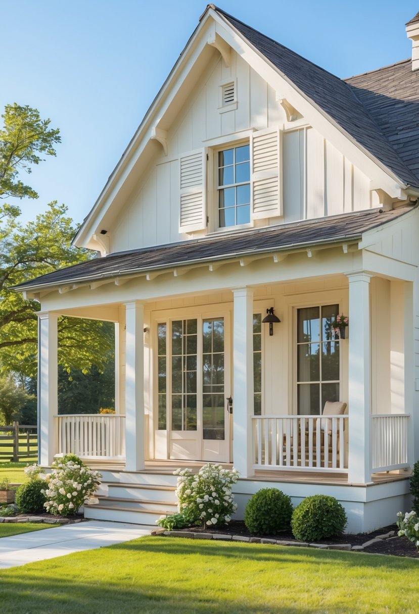Exterior view of a farmhouse painted in creamy off-white with a porch, green lawn, and clear sky.