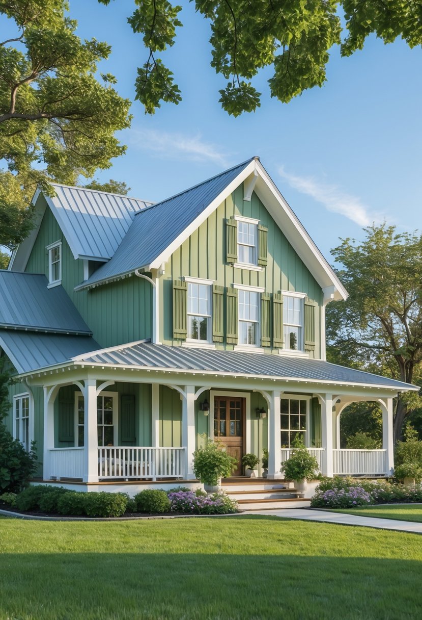 Exterior view of a farmhouse with sage green accent paint surrounded by greenery and trees under a clear sky.
