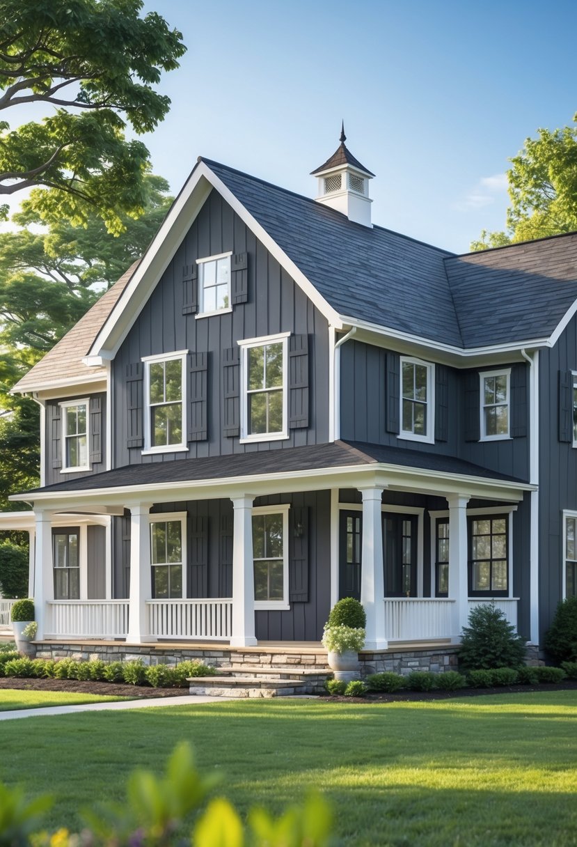 A farmhouse exterior painted in various shades of charcoal gray surrounded by green lawn and trees under a clear sky.