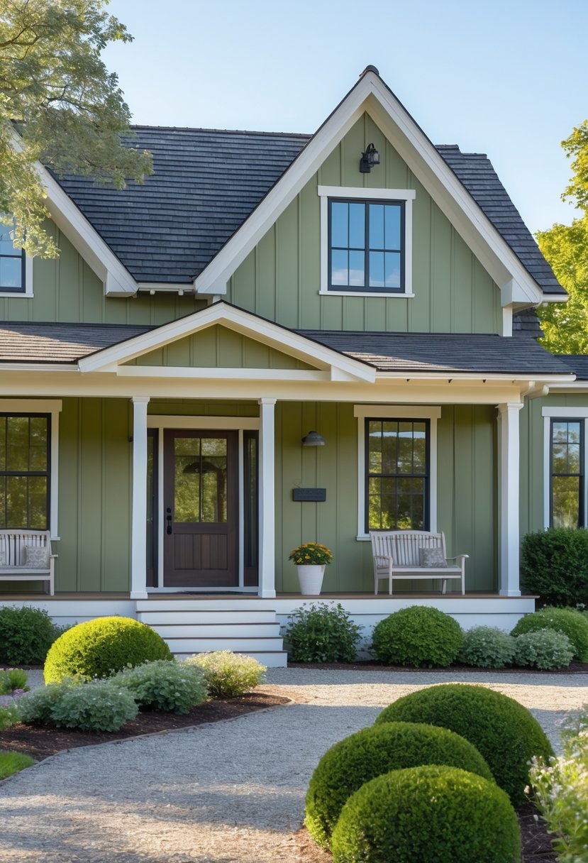 A farmhouse with muted olive green siding, white trim, a front porch, and surrounding greenery on a clear day.