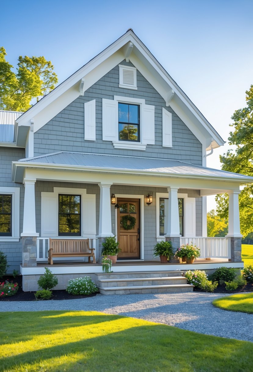 A farmhouse with light stone gray exterior paint, white trim, a front porch, and surrounding greenery under a clear blue sky.