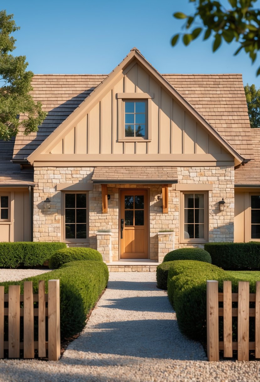 Exterior view of a farmhouse painted in warm sandstone colors with green shrubs and a gravel pathway.