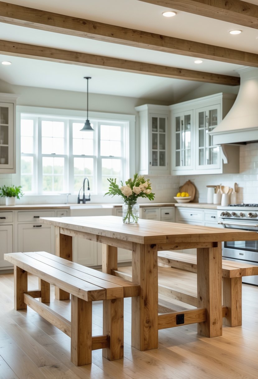 A wooden farmhouse kitchen table set with two benches in a bright kitchen with natural light.