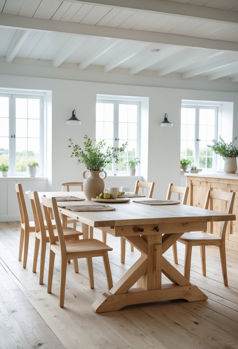 A large wooden dining table with chairs in a bright kitchen with natural light.