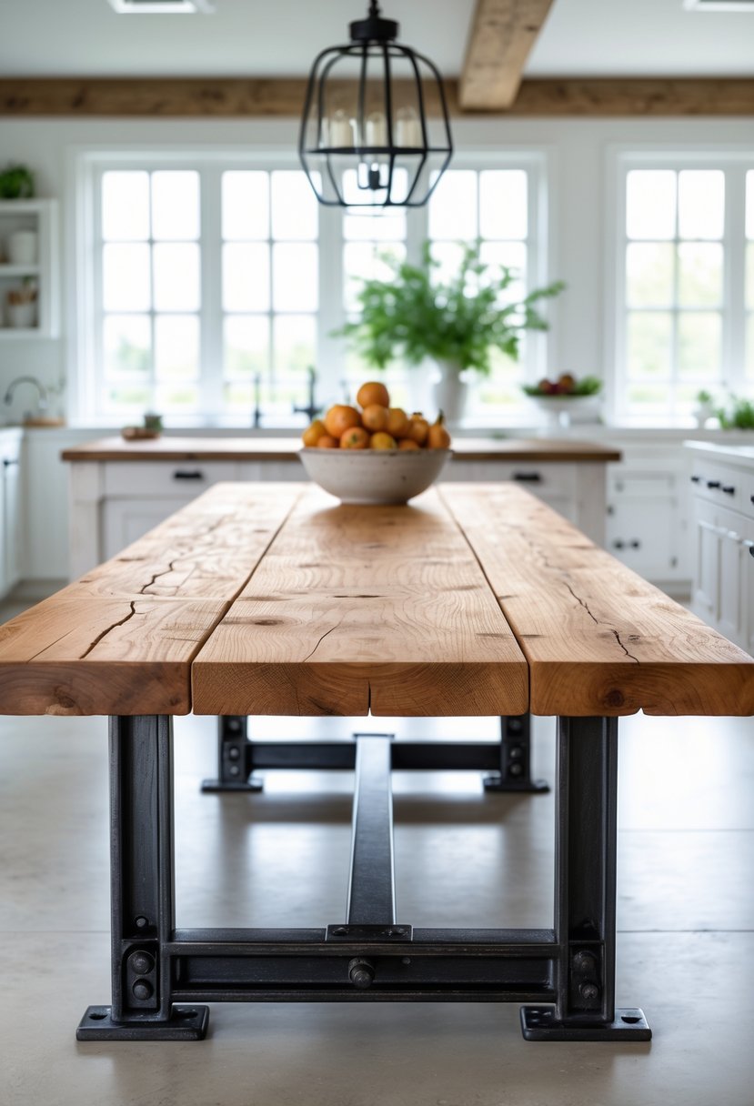 A large wooden dining table with black metal legs in a bright kitchen with natural light.