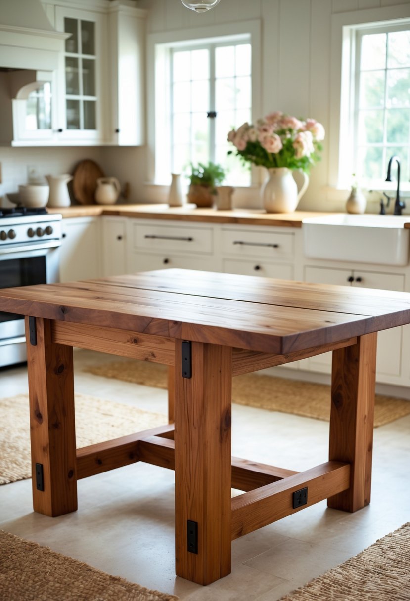 A solid wood kitchen table in a bright kitchen with natural light and simple decor.