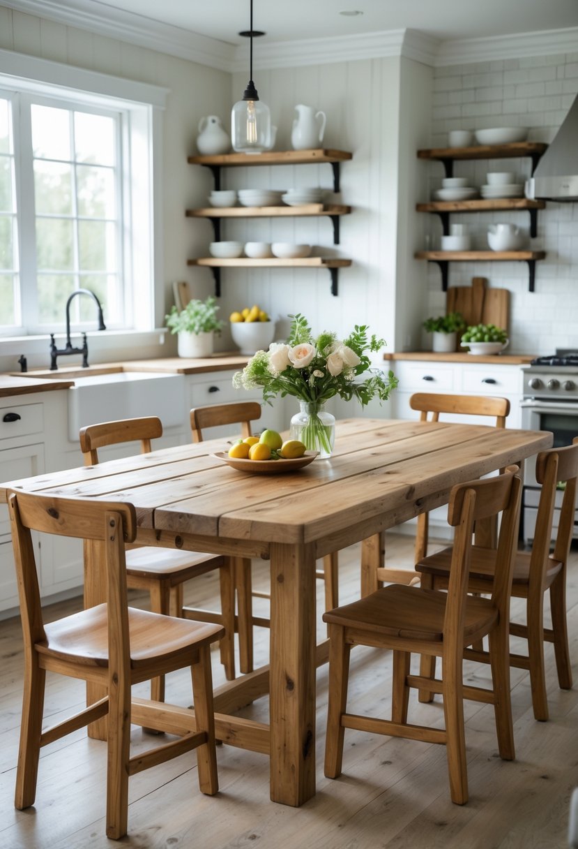 A large wooden dining table with chairs in a bright kitchen with white cabinets and windows letting in natural light.
