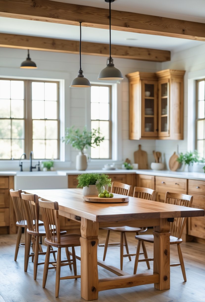 A large wooden kitchen table with matching chairs in a bright, spacious kitchen.