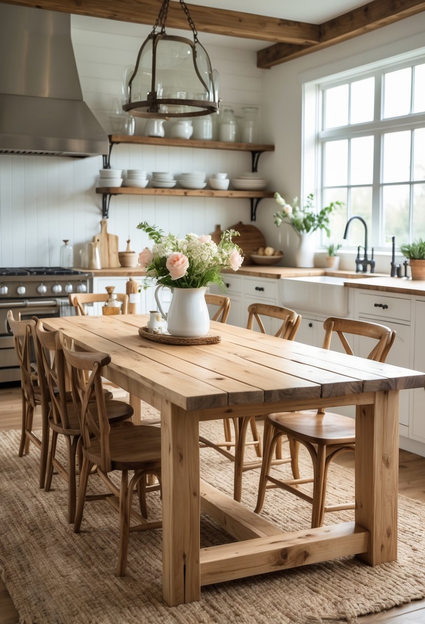 A bright kitchen and dining area with a large wooden table surrounded by chairs and kitchen cabinets in the background.