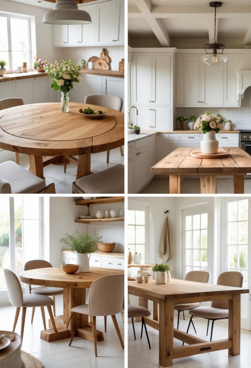 A bright kitchen with several solid wood tables of different shapes, surrounded by chairs and simple decor.