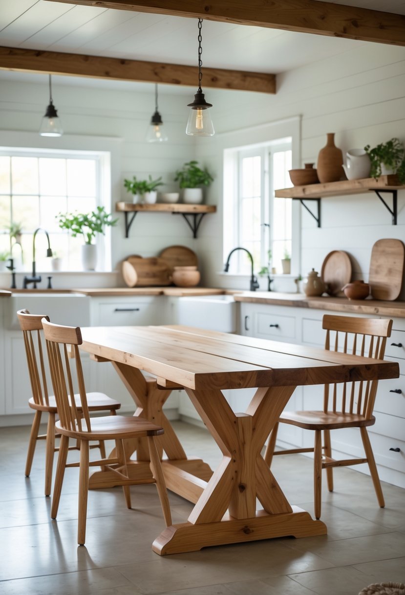 A large wooden farmhouse kitchen table with matching chairs in a bright kitchen with white cabinets and plants.