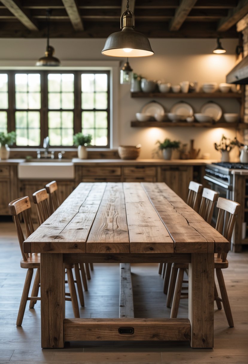 A spacious kitchen with a large wooden dining table and chairs, illuminated by natural light from windows.