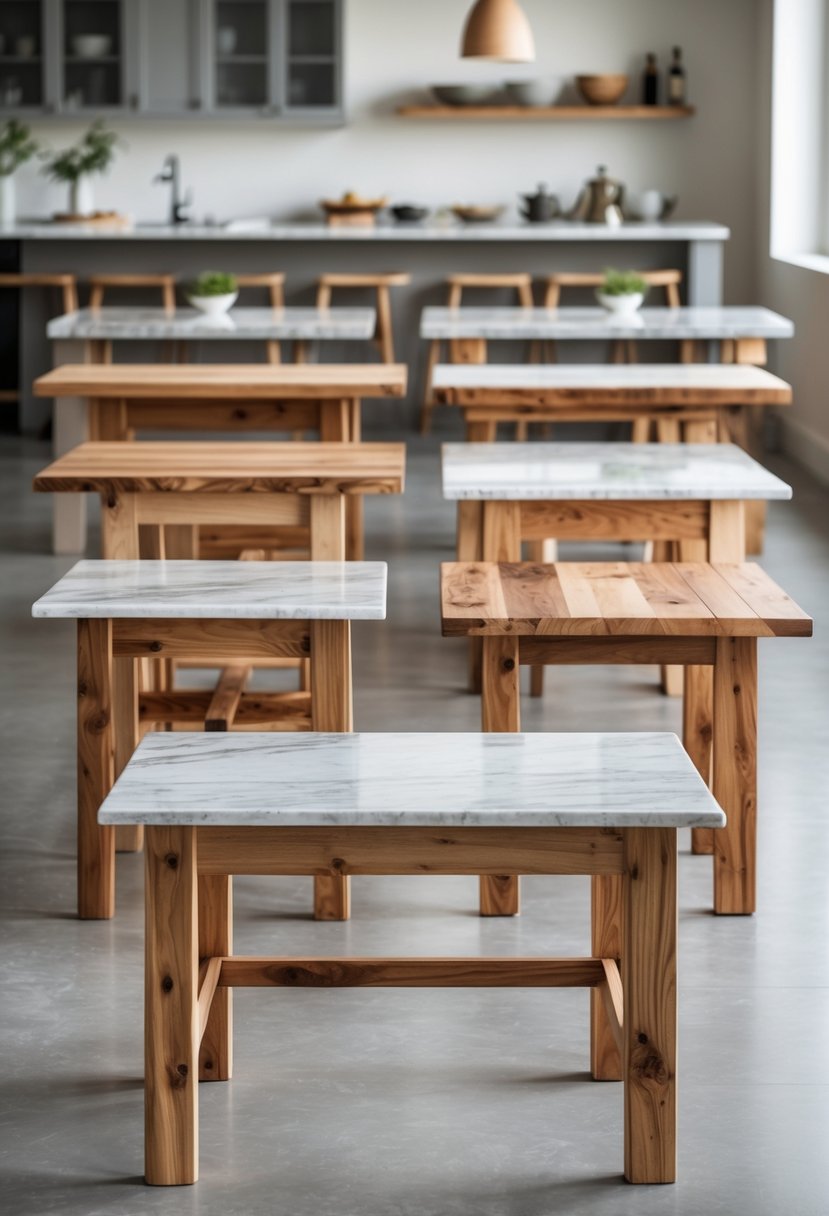 A bright kitchen room displaying multiple wooden and marble-top tables arranged neatly.