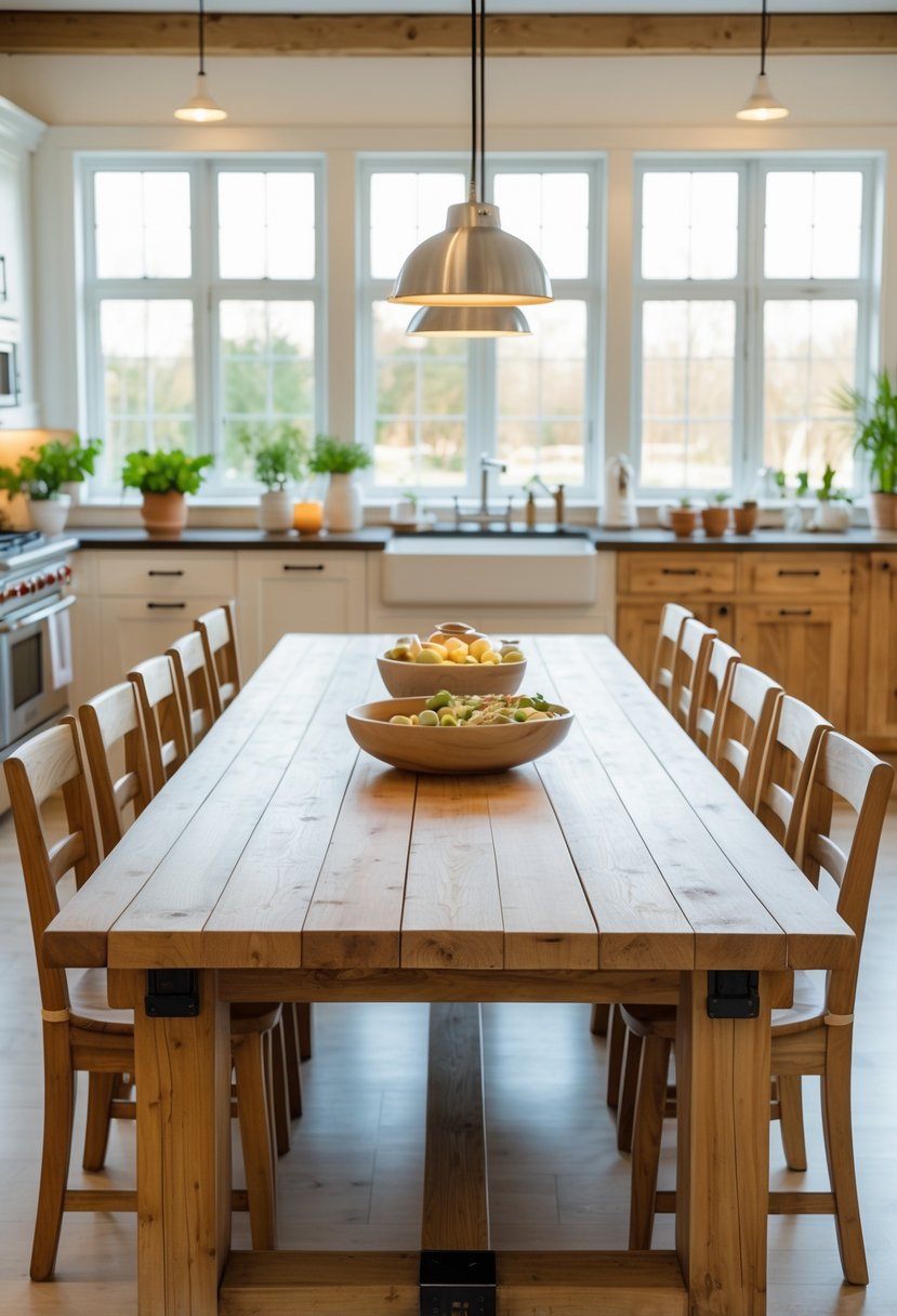 A large wooden farmhouse kitchen table fully extended with chairs and benches around it, set in a bright kitchen.