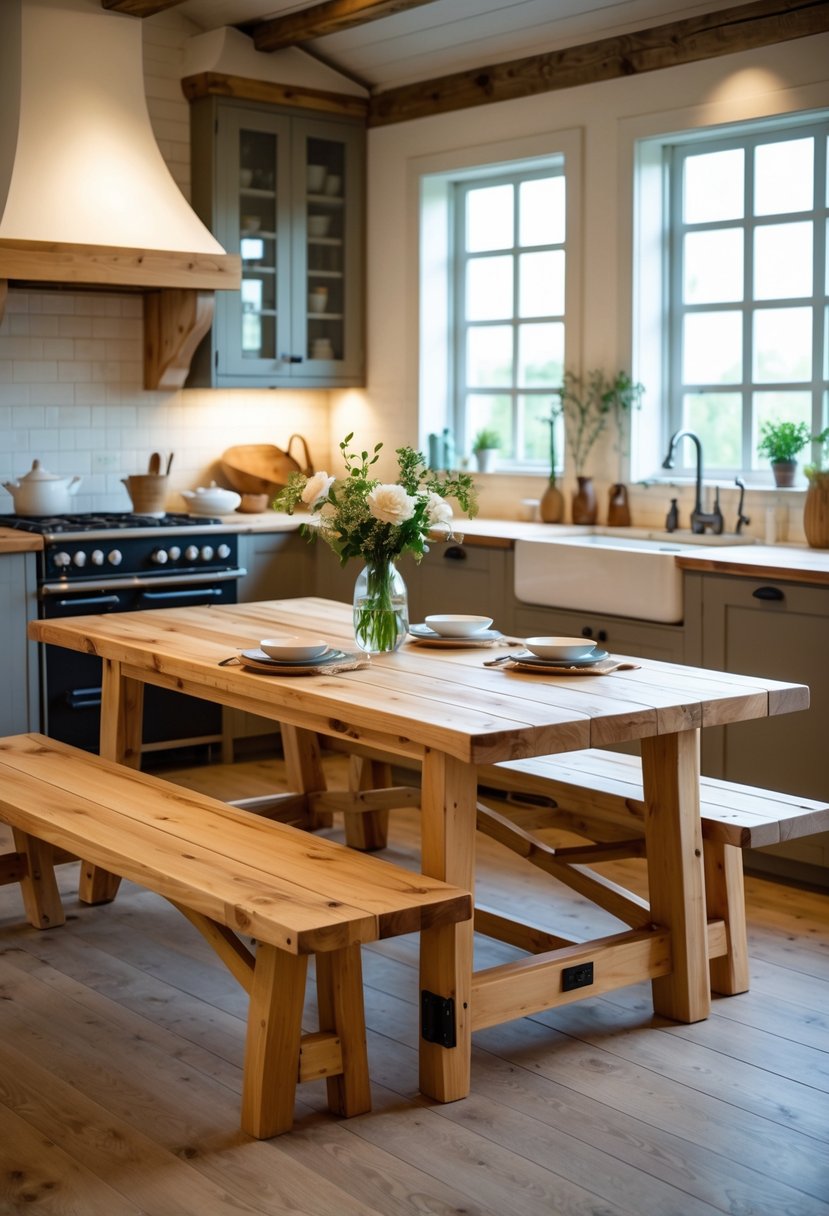 A wooden dining table with benches set in a kitchen with natural light and simple decor.