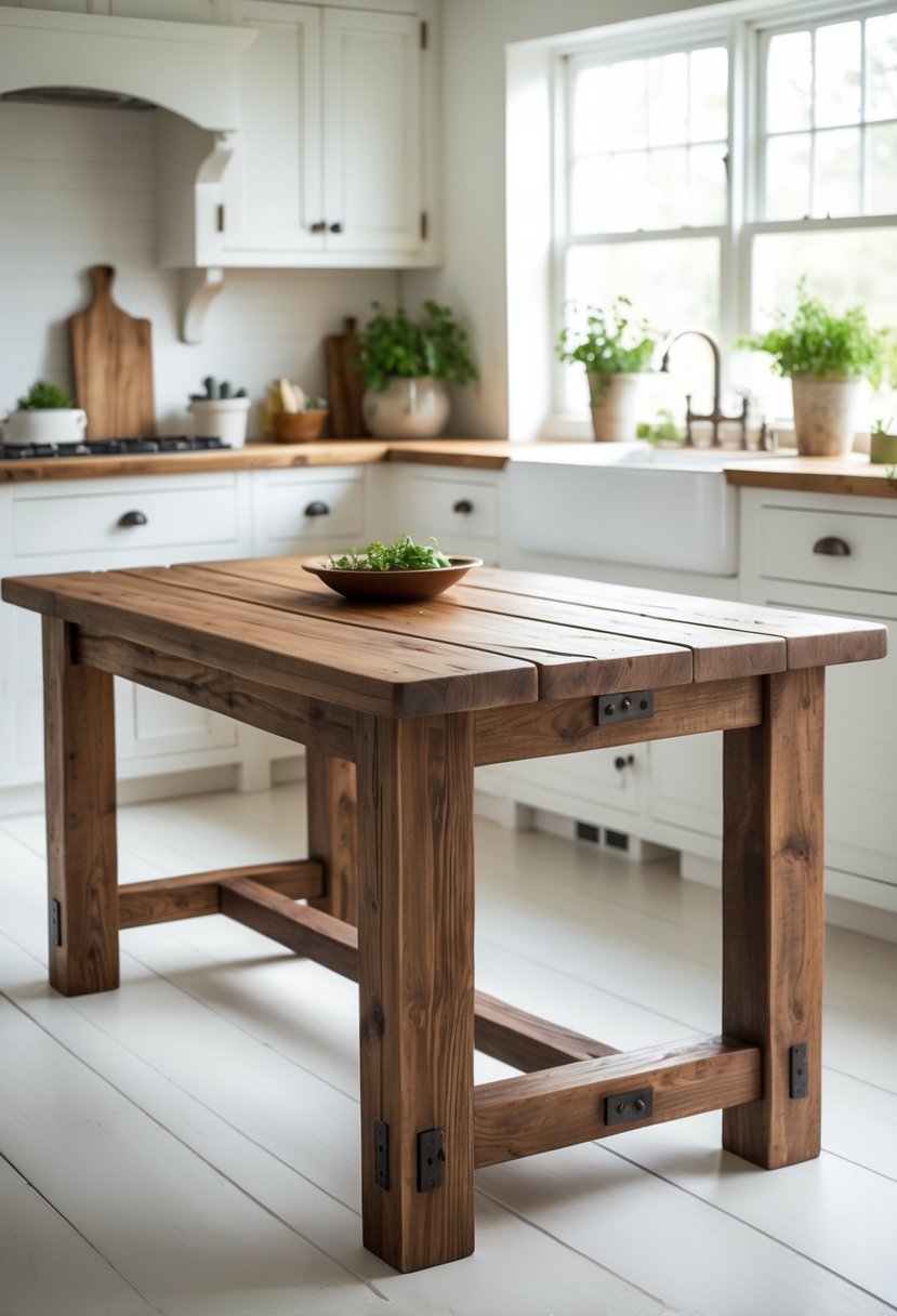 A wooden kitchen table with a brown finish in a bright kitchen with natural light.