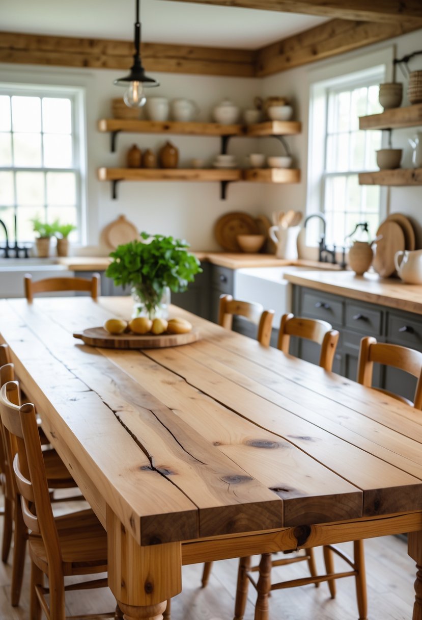 A large wooden farmhouse kitchen table in a bright kitchen with wooden chairs and rustic decor.