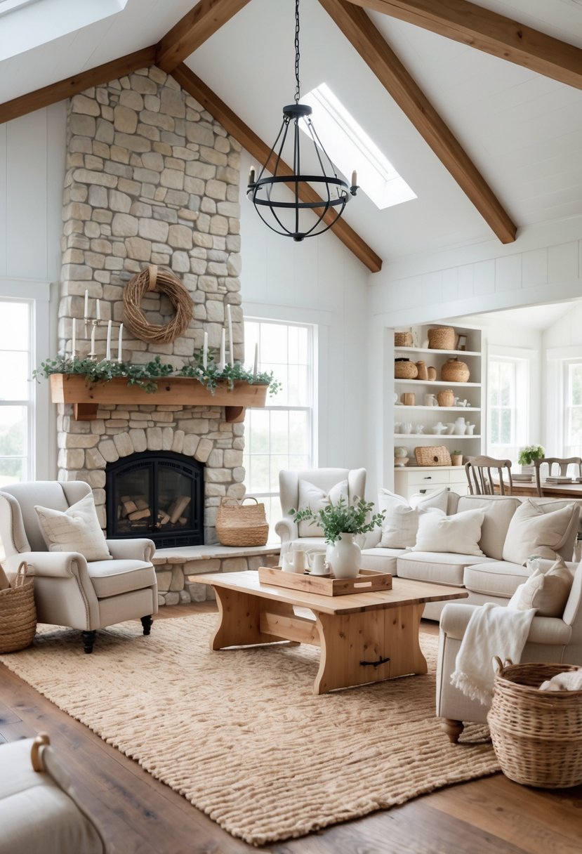 A bright living room with a sofa, armchairs, wooden coffee table, stone fireplace, and dining table in the background.