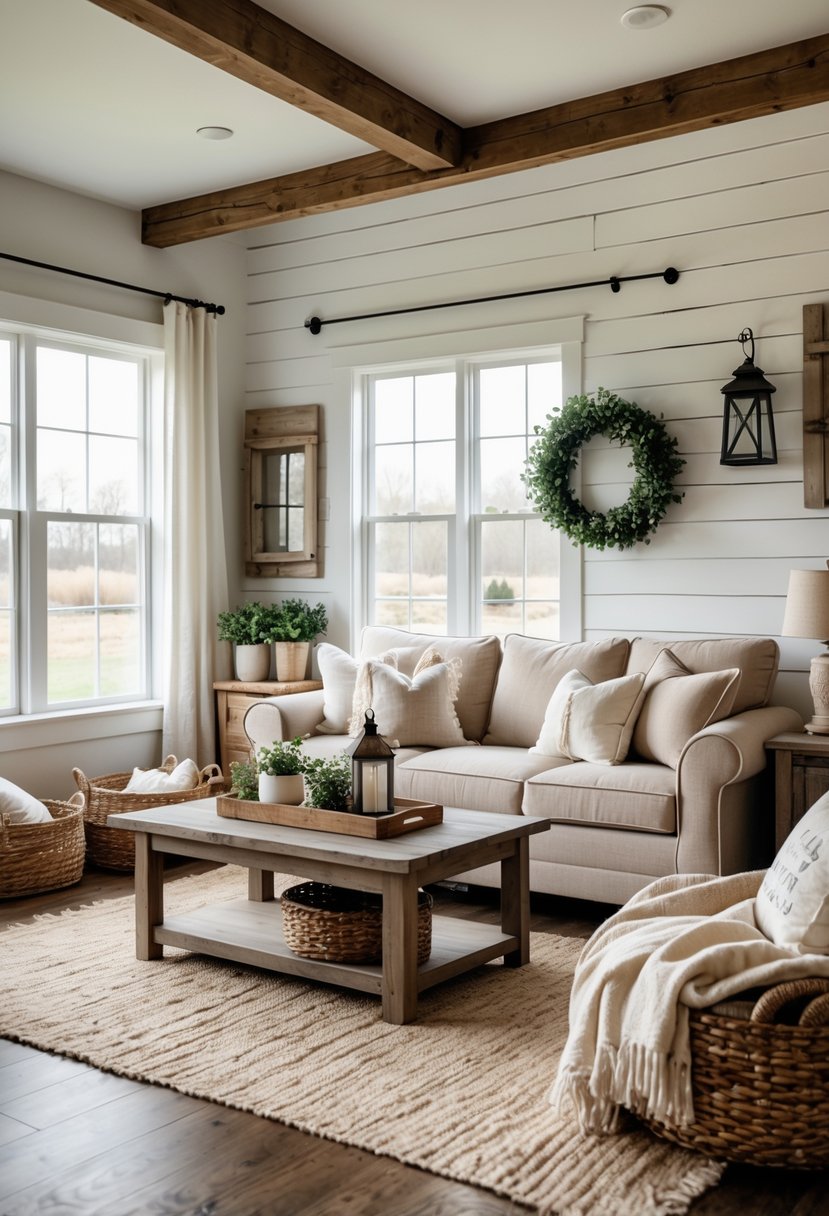 A cozy living room with wooden walls, a sofa, coffee table, and natural light coming through large windows.
