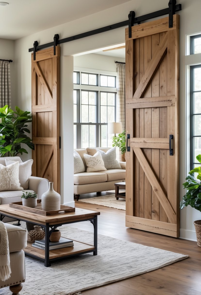A living room with barn doors, a sofa, coffee table, plants, and large windows letting in natural light.