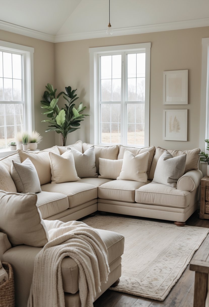 A cozy living room with overstuffed sofas and neutral-toned throw pillows arranged around a wooden coffee table.