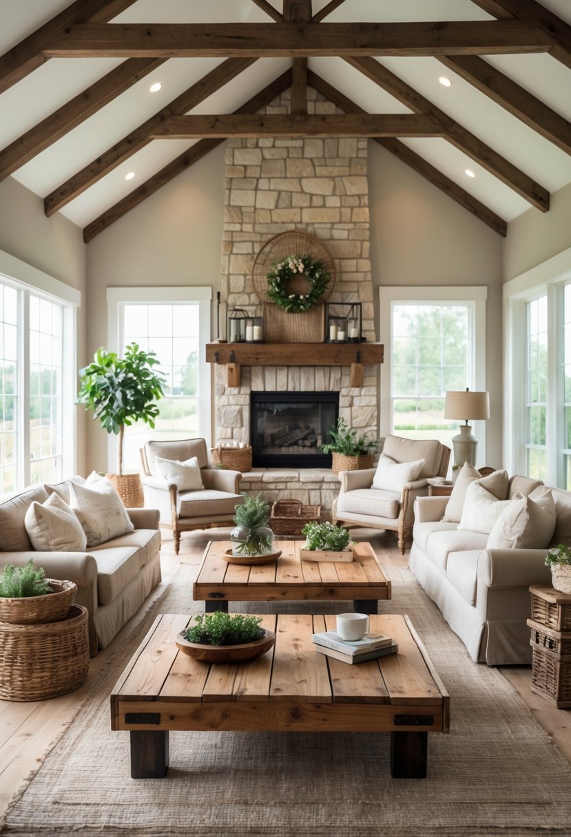 A warm and inviting living room with multiple wooden coffee tables, comfortable seating, and natural light coming through large windows.