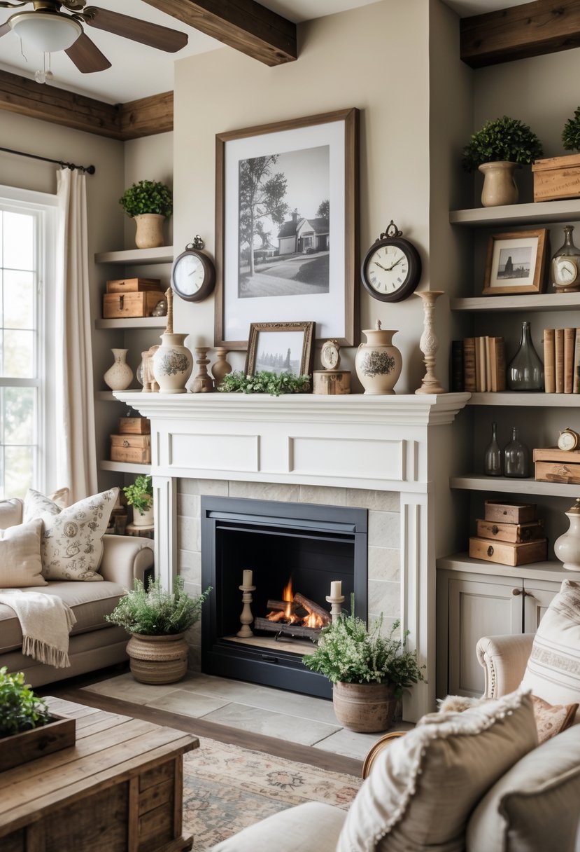 A cozy living room with a fireplace mantel and shelves decorated with vintage items like clocks, vases, books, and plants.