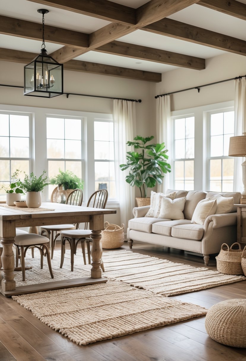 A cozy farmhouse living room with layered soft rugs on a wooden floor, rustic furniture, plants, and natural light coming through large windows.