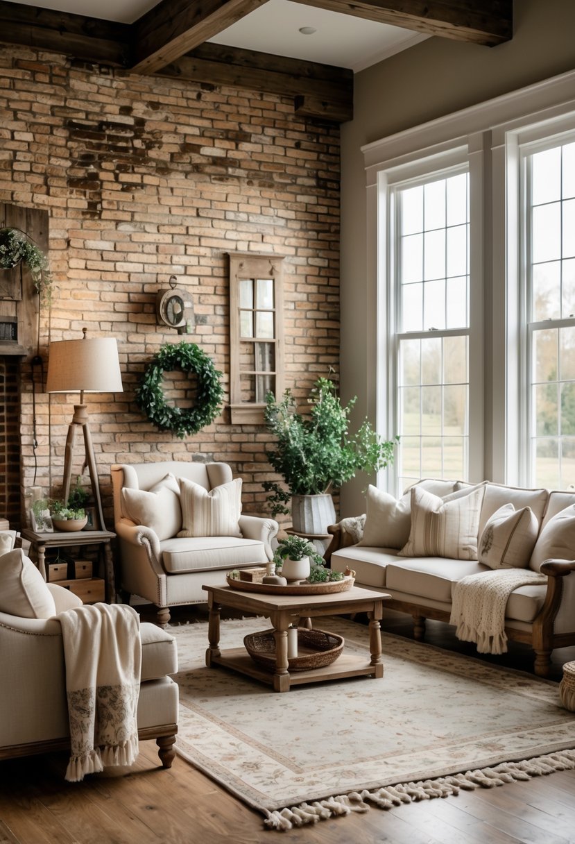 A living room with distressed brick walls, comfortable seating, wooden furniture, and natural light from large windows.