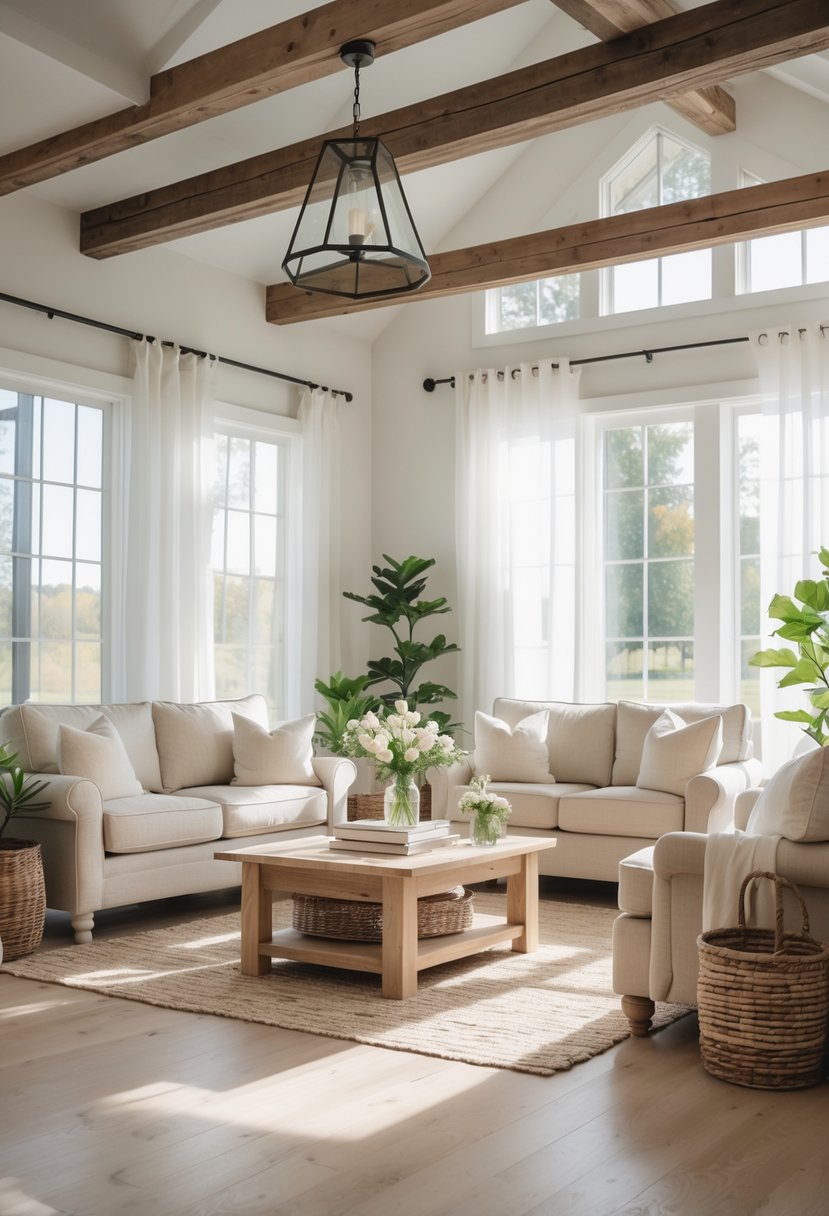 A bright living room with natural light filtering through sheer curtains, featuring comfortable seating, wooden furniture, and green plants.