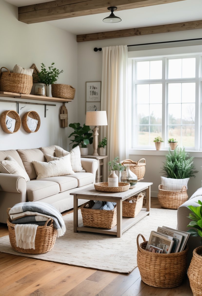 Living room with woven baskets used for storage placed around a sofa and shelves, with natural light and wooden furniture.