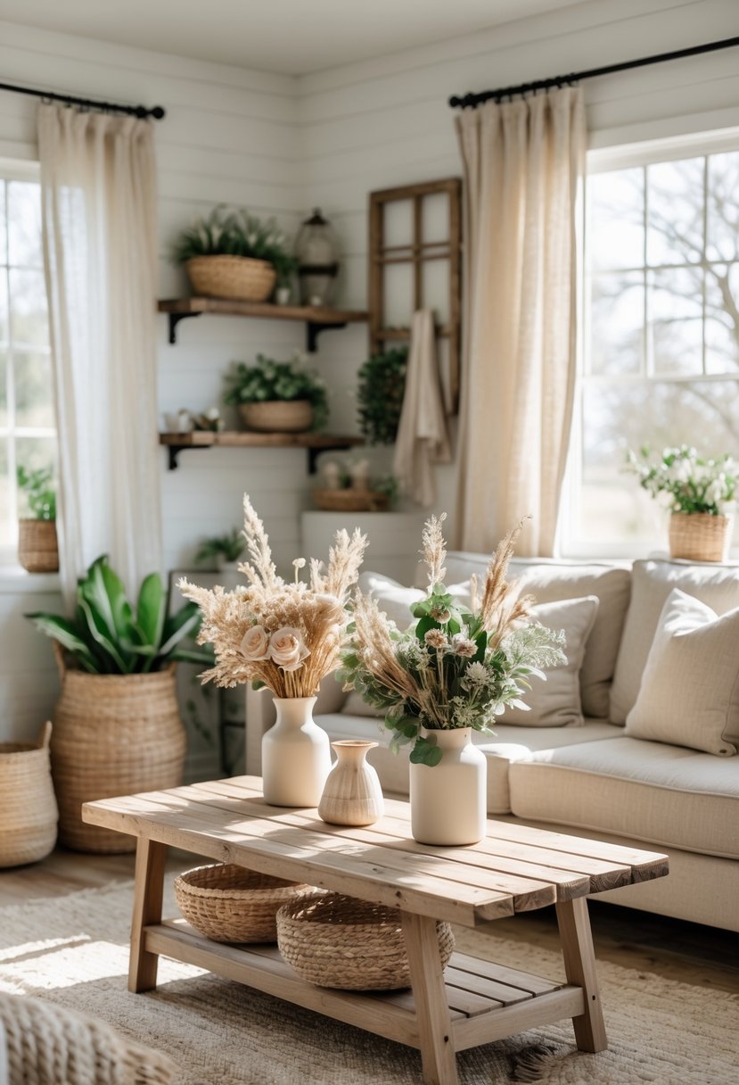 A cozy living room with a sofa, wooden coffee table, dried flowers, and green plants arranged around the space.