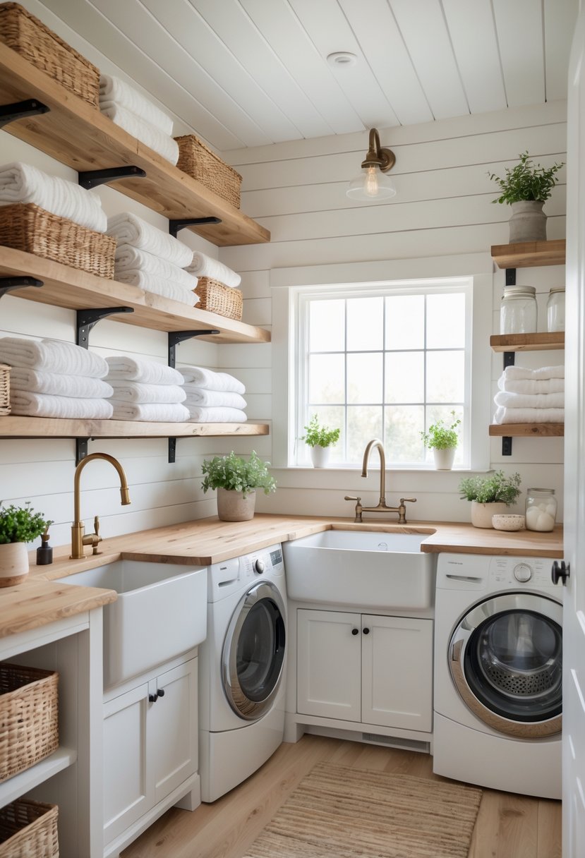 A bright farmhouse laundry room with white walls, wooden shelves, a farmhouse sink, washer and dryer, plants, and natural light coming through a window.