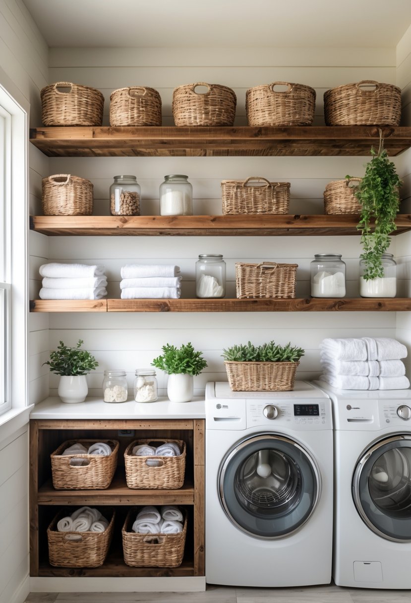 A laundry room with open wooden shelves holding baskets, jars, and plants above a washer and dryer.