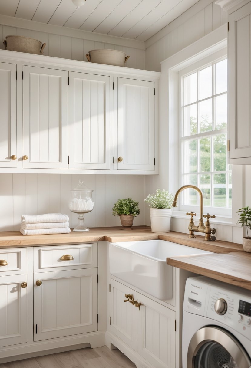 A laundry room with white paneled cabinets and vintage knobs, a farmhouse sink, wooden countertop, and natural light coming through a window.