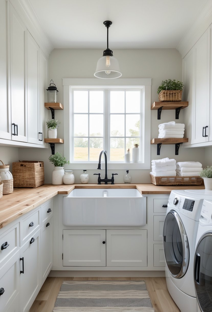 A bright laundry room with a large white farmhouse apron front sink, cabinets, washing machine, dryer, and laundry baskets.