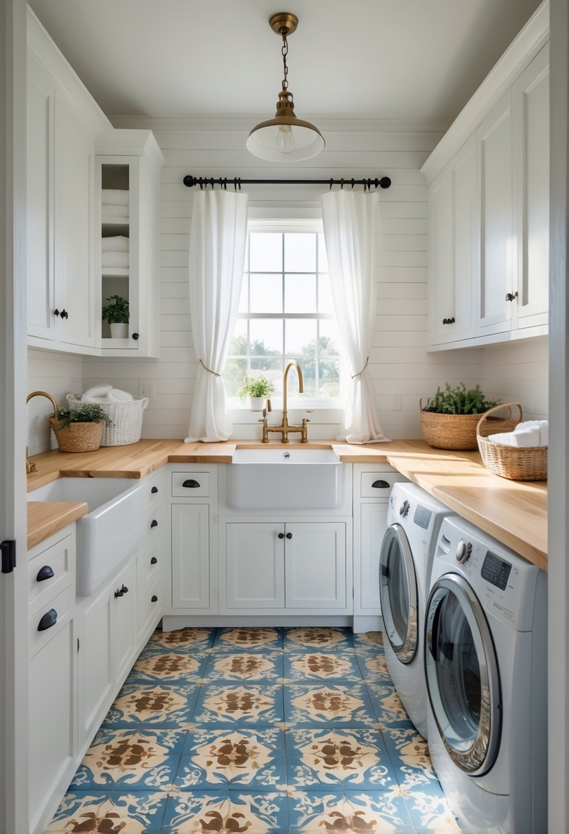 A bright farmhouse laundry room with patterned floor tiles, a white sink, washing machine, and wooden countertops.