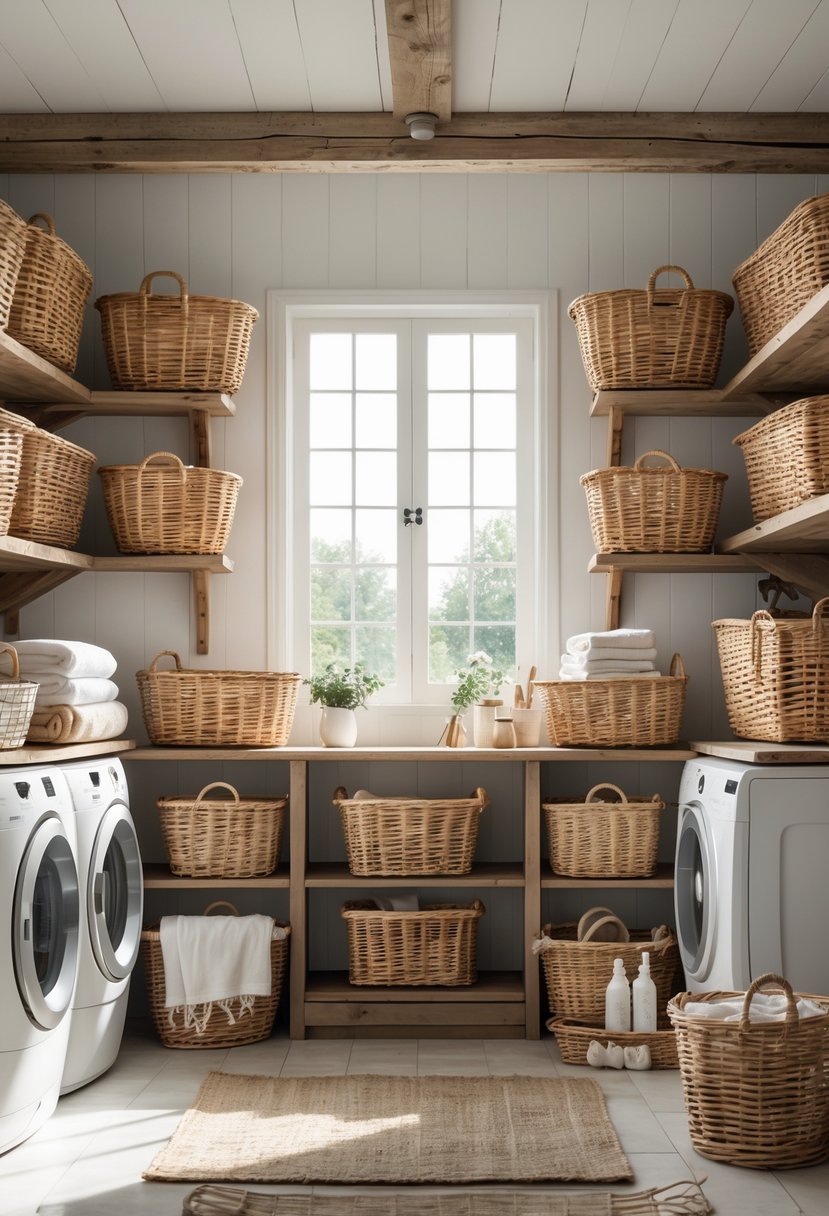 A laundry room with wicker baskets arranged on shelves and the floor for storage.