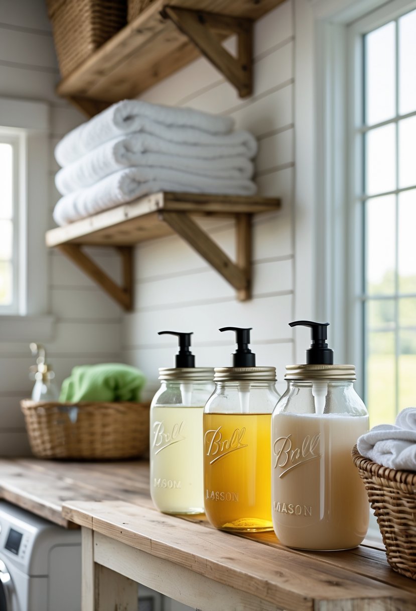 Three Mason jar soap dispensers on a wooden shelf in a farmhouse laundry room with rustic decor and natural light.