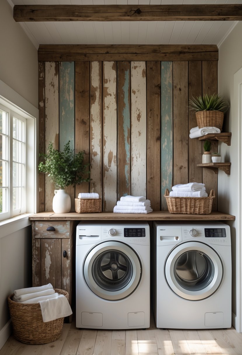 A laundry room with a washing machine and dryer against a wooden wall, a countertop with folded towels, a basket, and a small plant.