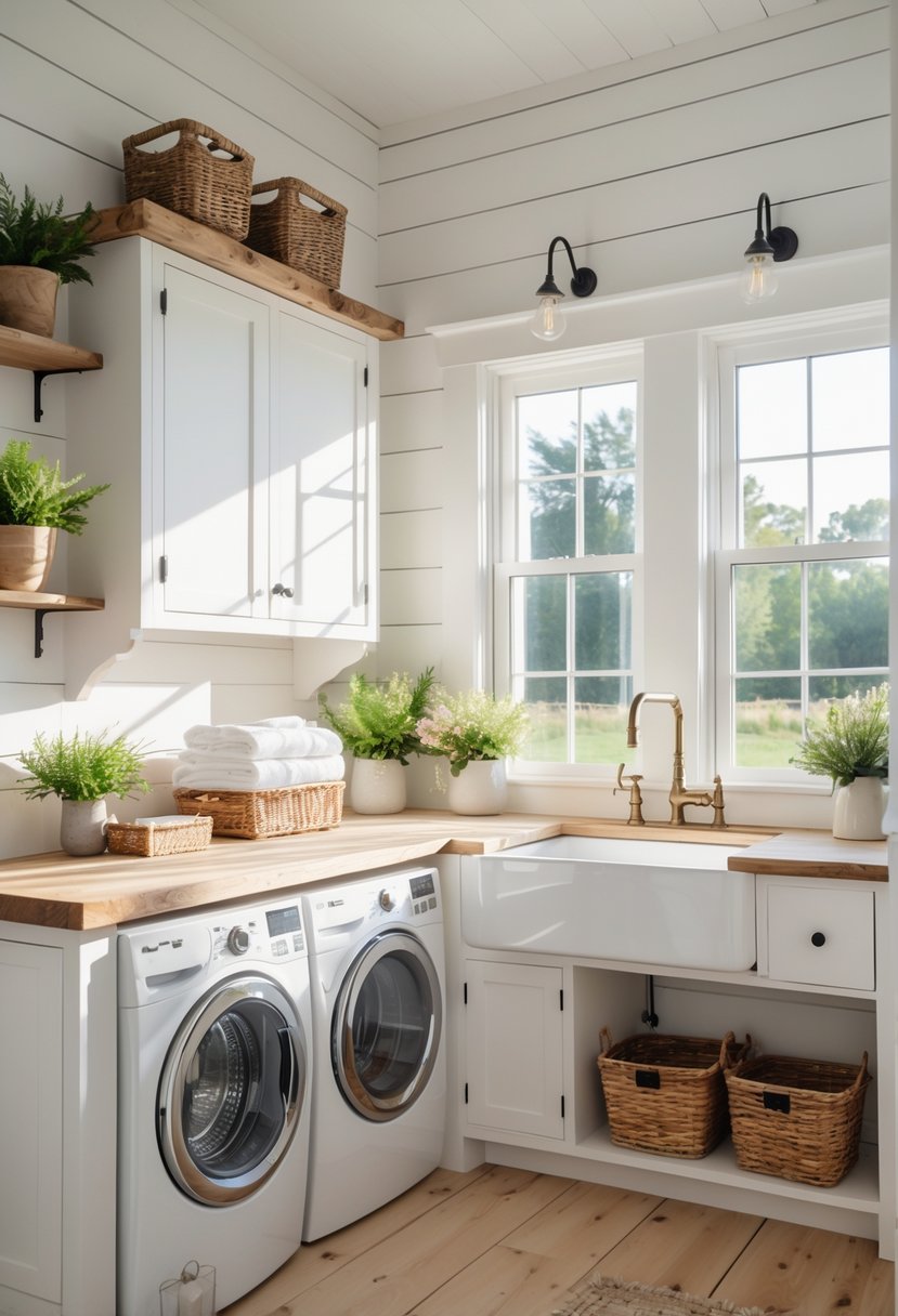 A bright farmhouse laundry room with large windows letting in natural light, white cabinetry, a farmhouse sink, washer and dryer, and wooden accents.