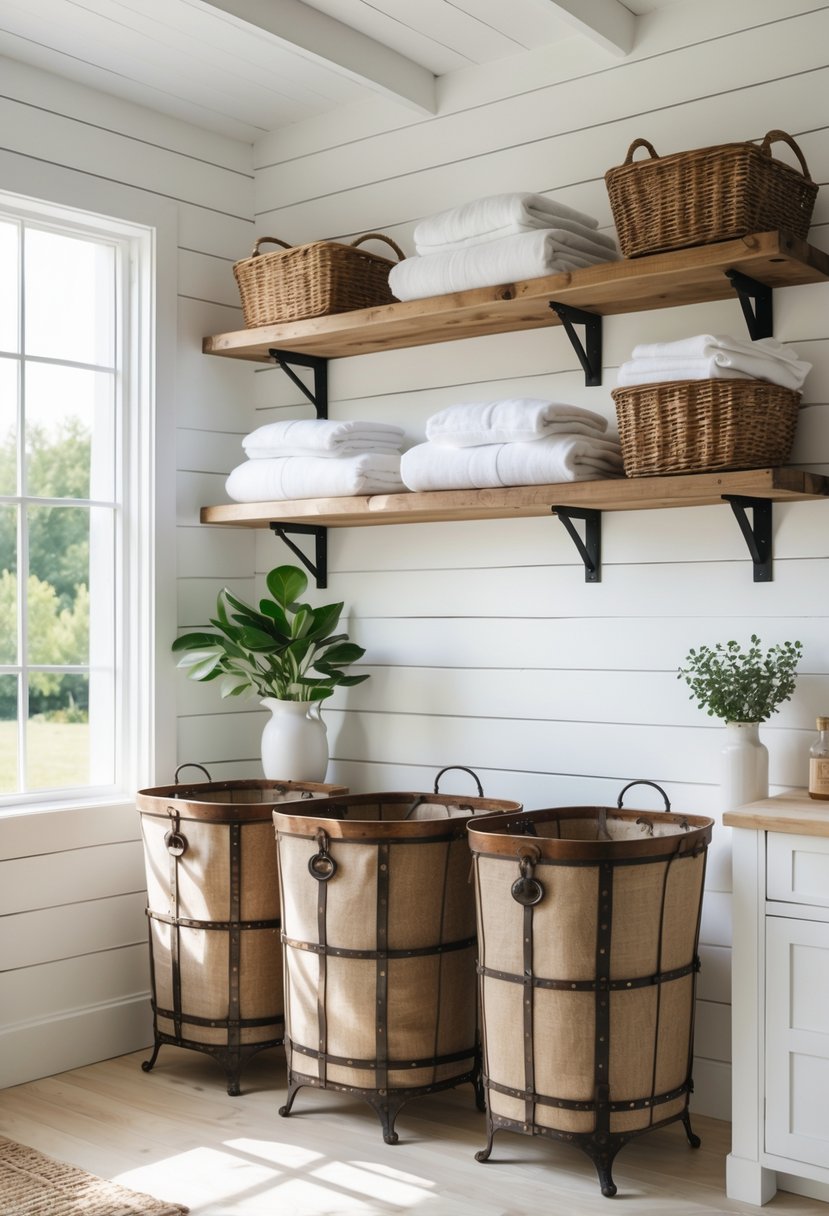 A bright laundry room with wooden laundry hampers, shelves with linens, and a farmhouse sink.