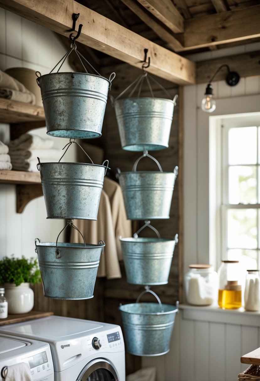 Hanging galvanized metal buckets for small items in a farmhouse laundry room with wooden shelves and laundry supplies.