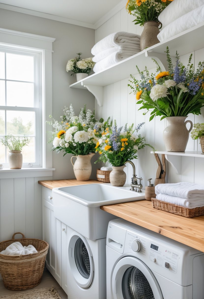 A bright farmhouse laundry room with fresh floral arrangements on wooden countertops and shelves, featuring a white farmhouse sink and woven laundry baskets.